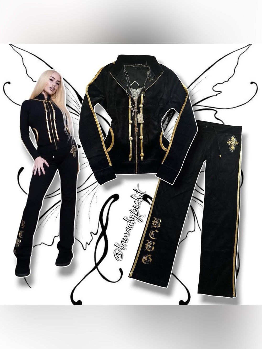 Vintage Y2K BCBG Goth Vibe Black Velour Tracksuit Set with Gold Trim